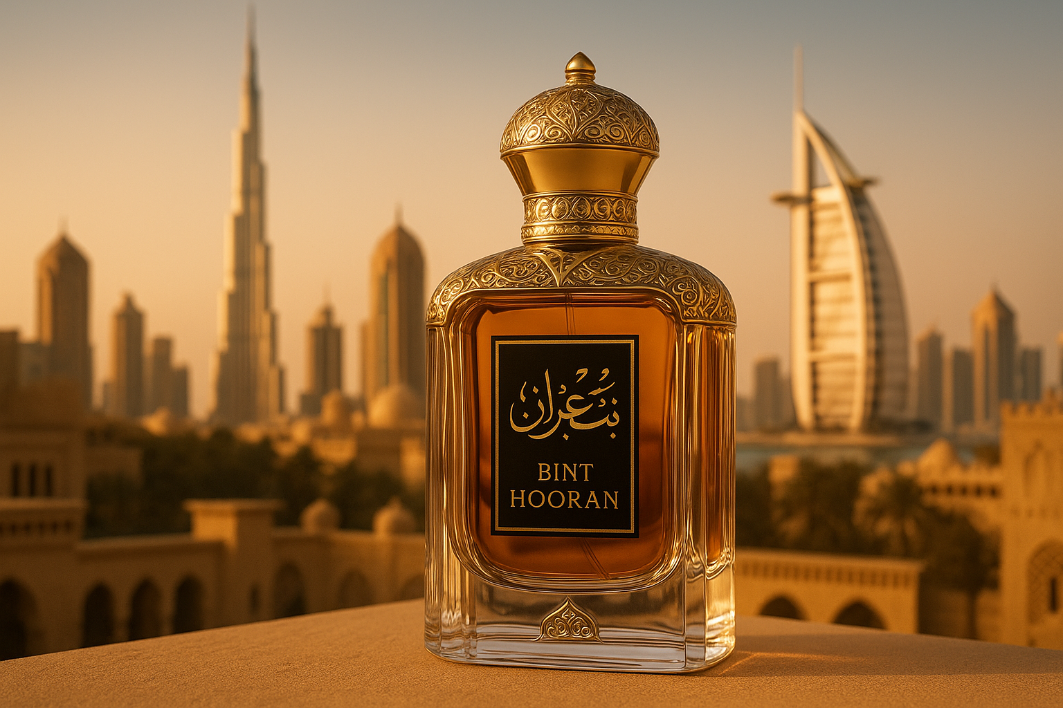 a bottle of bint hooran with a backdrop of dubai