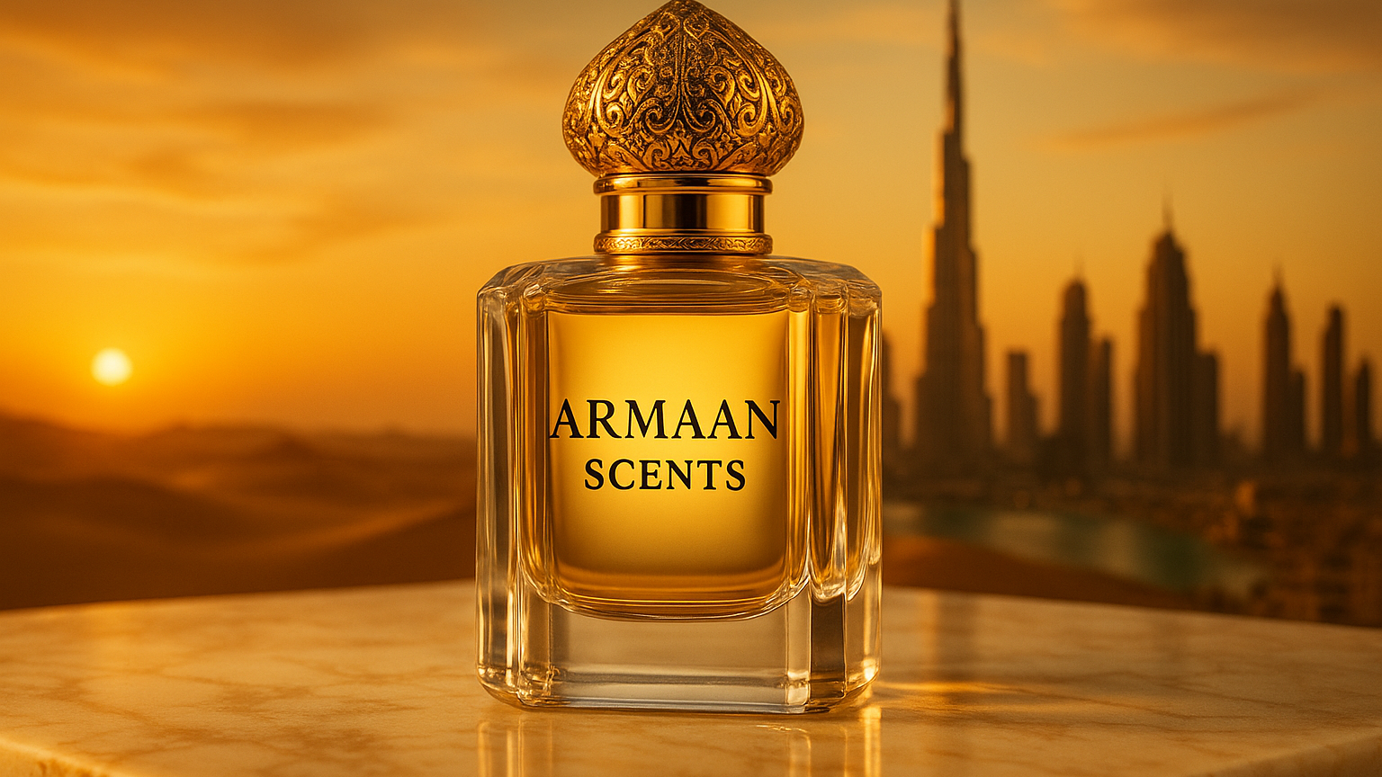 A LUXURY BOTTLE OF PERFUME LABELLED ARMAAN SCENTS IN DUBAI
