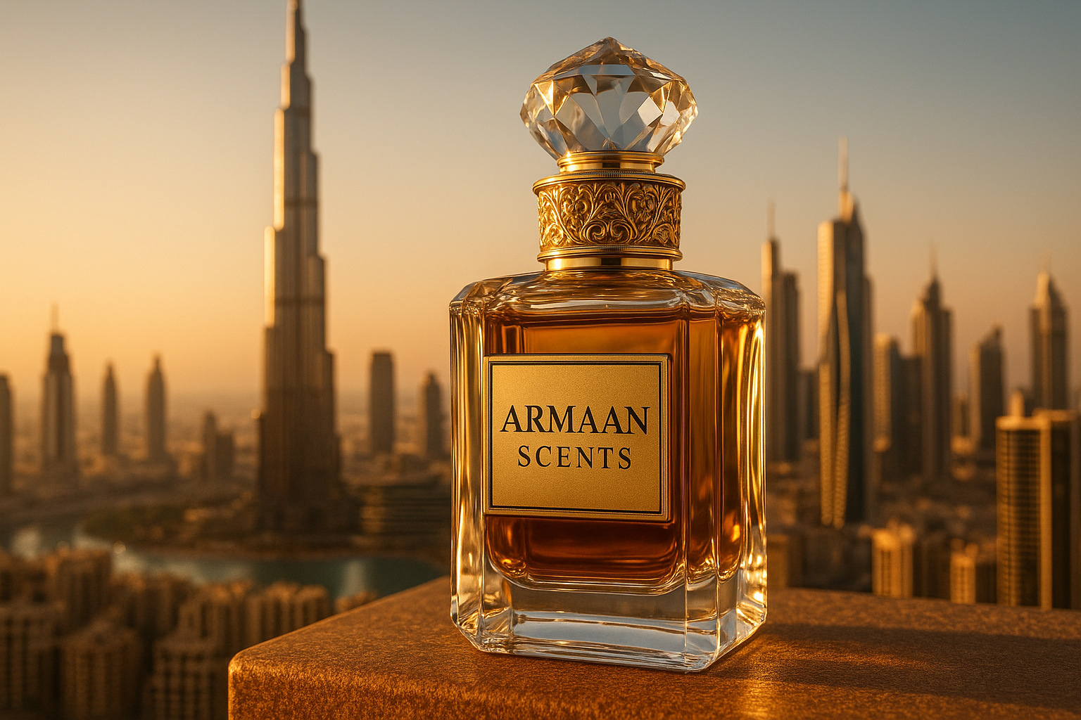 A LUXURY BOTTLE OF PERFUME LABELLED ARMAAN SCENTS PICTURED IN DUBAI