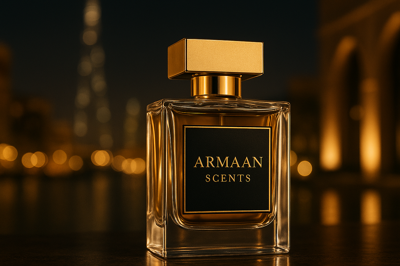 A LUXURY BOTTLE OF PERFUME WITHE LABEL ARRMAN SCENTS  IN GOLD ON A BLACK PLAQUE ON THE BOTTLE, THE IMAGE IS PHOTOGRAPHED IN DUBAI